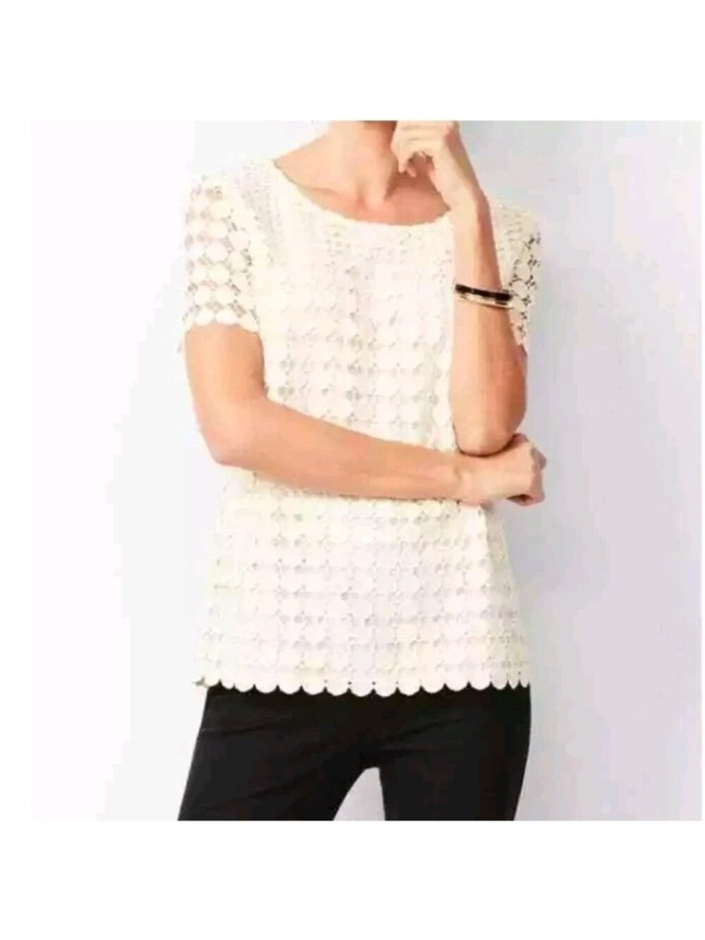 RSVP by Talbots Cream Dot Lace Top Short Sleeve Blouse Womens Medium New